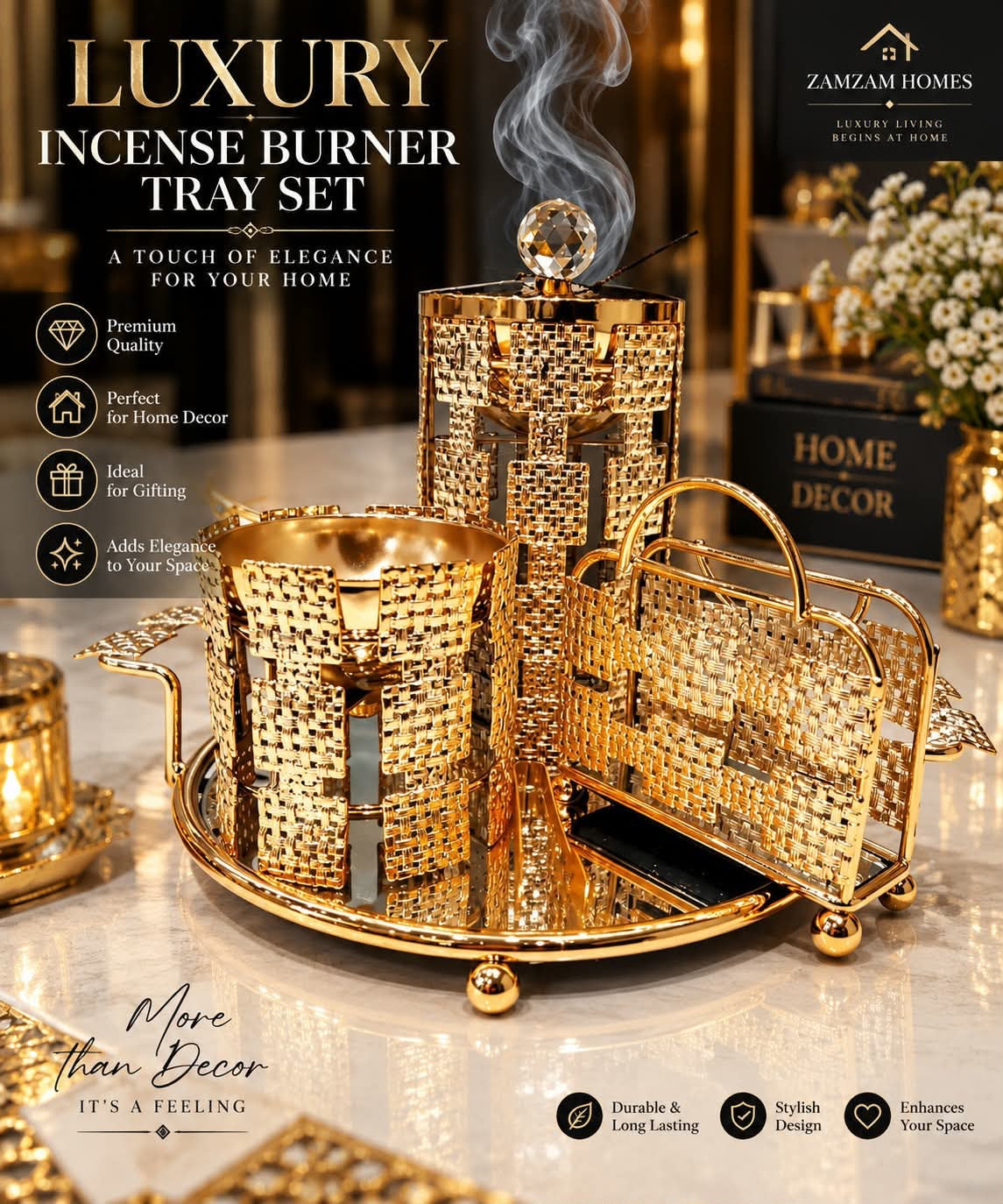 Luxury Woven Gold Incense Burner Tray Set