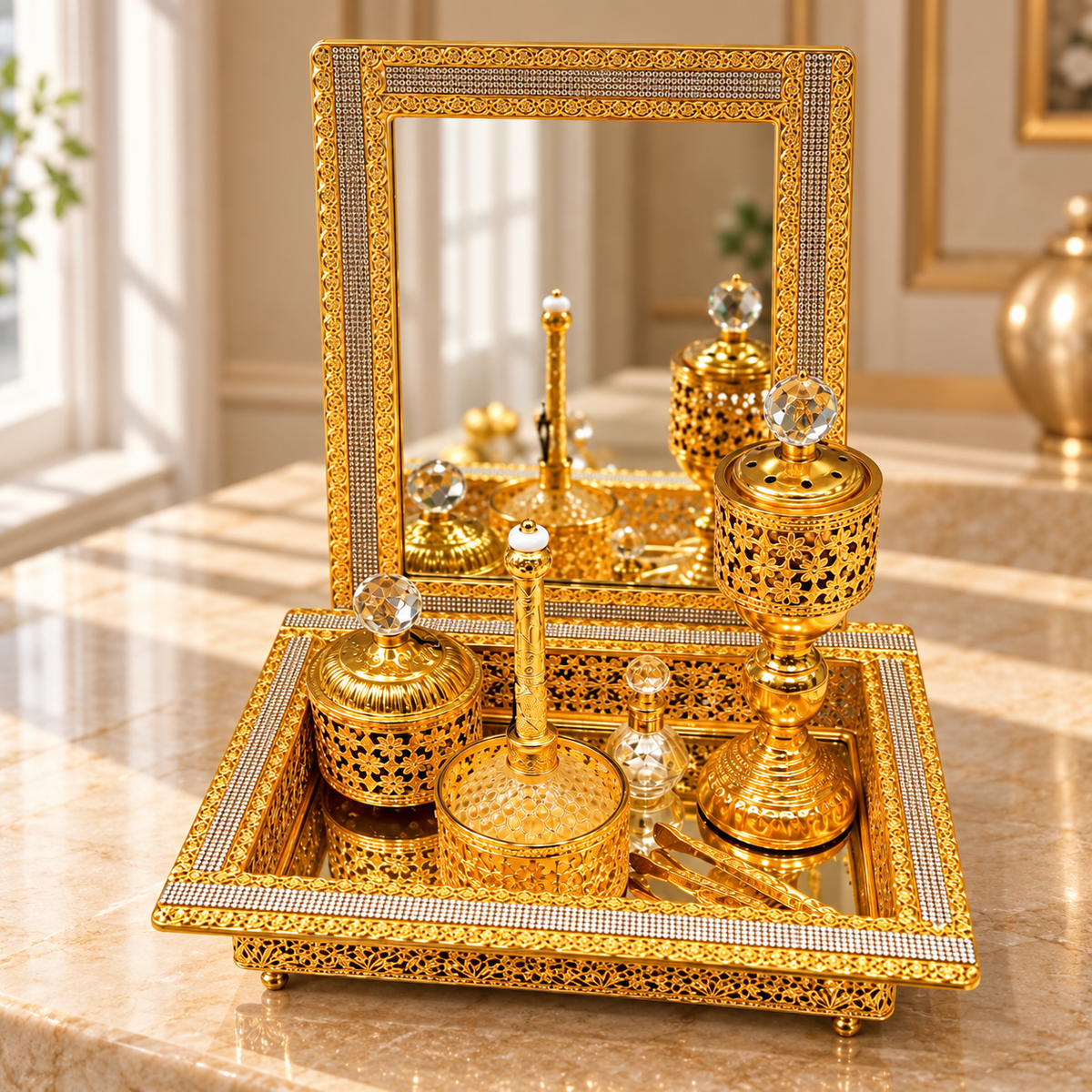 Luxury Gold Mirror Incense Burner Tray Set
