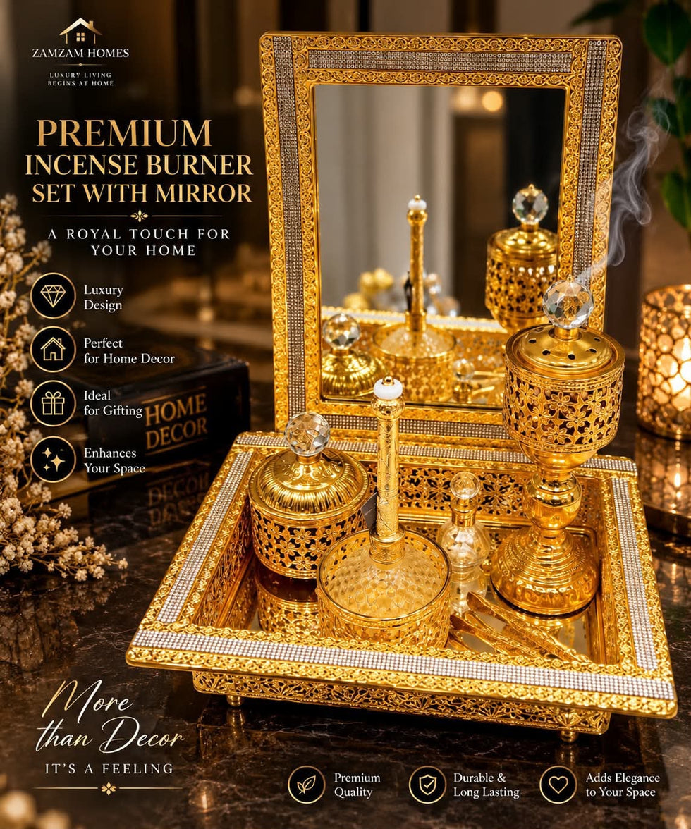 Luxury Gold Mirror Incense Burner Tray Set